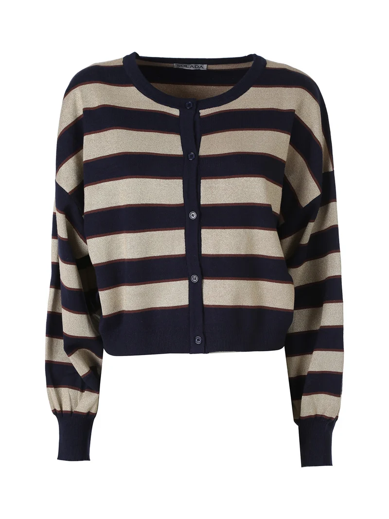 Cardigan da donna a righe con bottoni e lurex - blu scuro