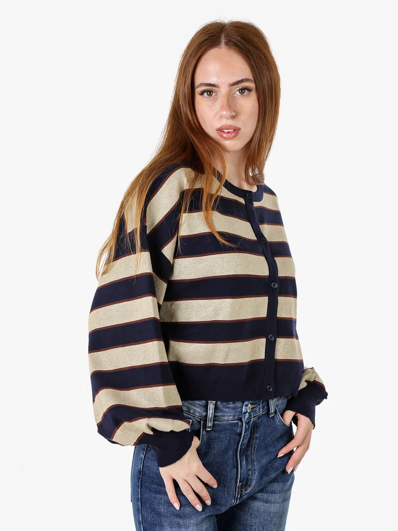 Cardigan da donna a righe con bottoni e lurex - blu scuro