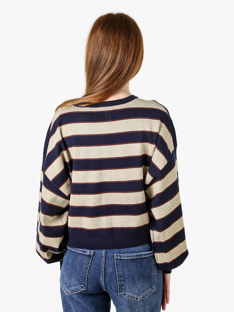 Cardigan da donna a righe con bottoni e lurex - blu scuro