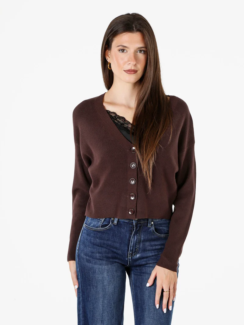 Cardigan donna con bottoni e scollo a V - moro