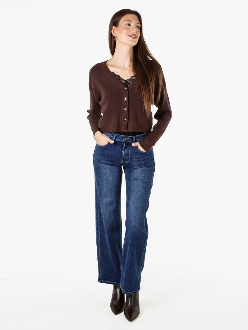 Cardigan donna con bottoni e scollo a V - moro