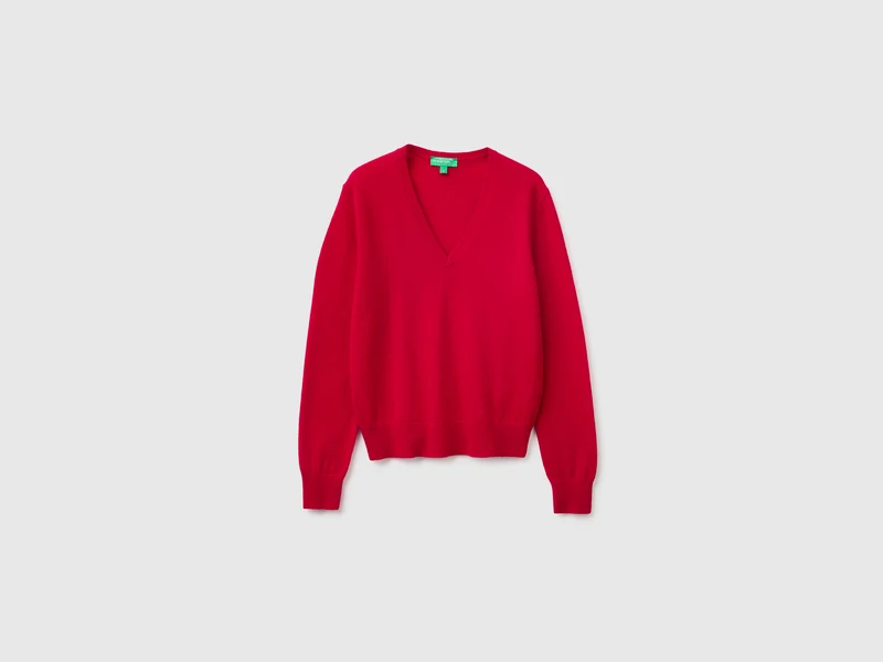 Pflaumenroter V-Ausschnitt-Pullover aus reiner Merinowolle
