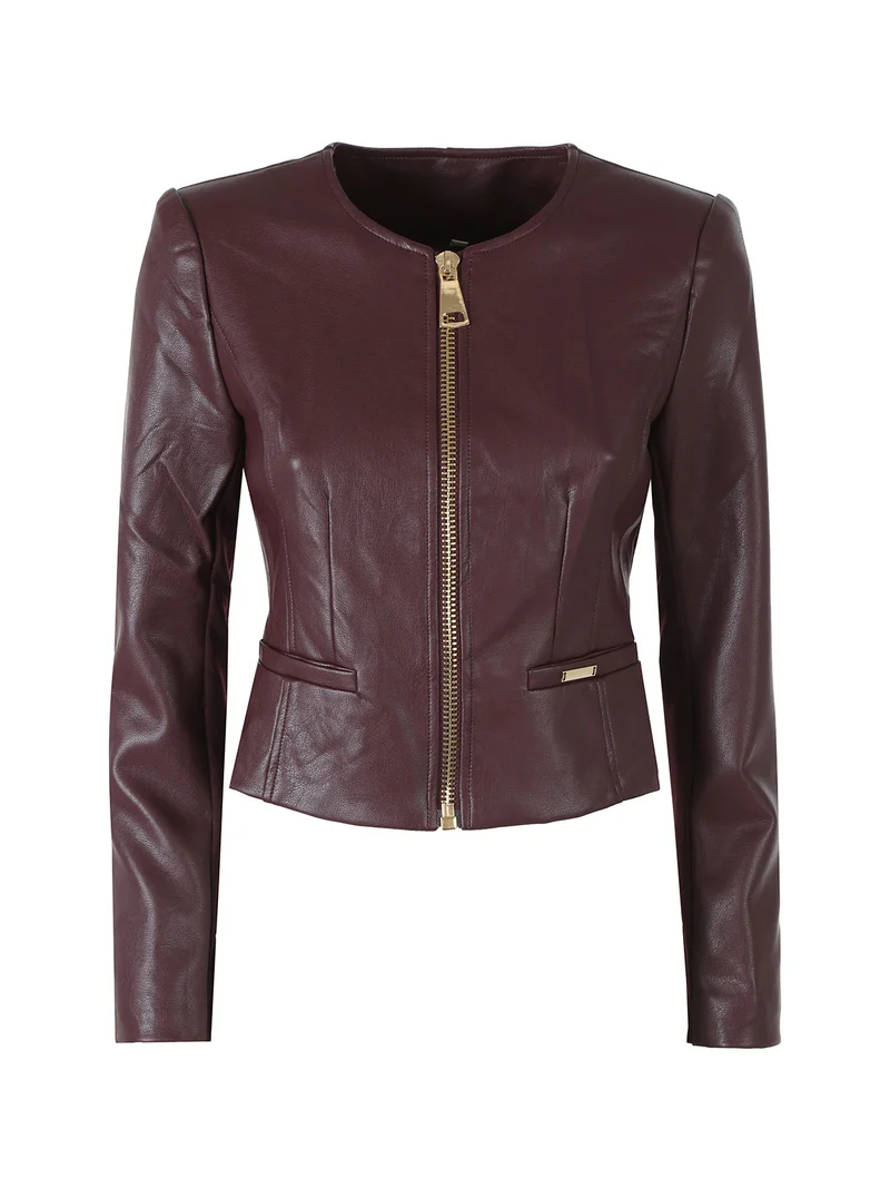 Giacca corta da donna in ecopelle con zip - bordeaux