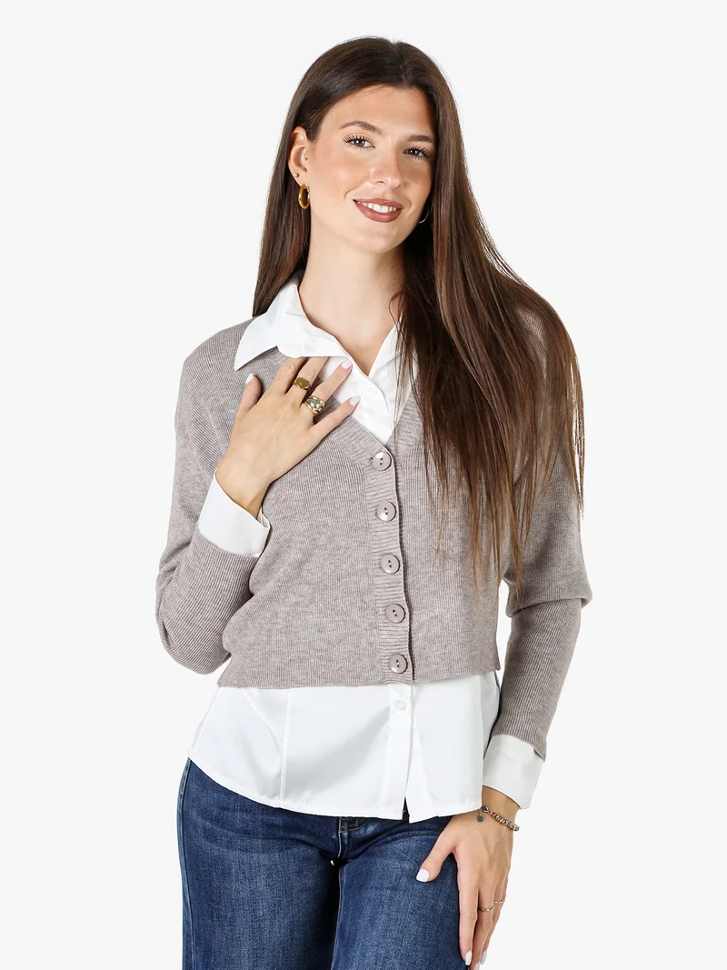Cardigan donna con bottoni e scollo a V - fango