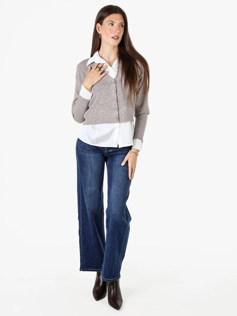 Cardigan donna con bottoni e scollo a V - fango