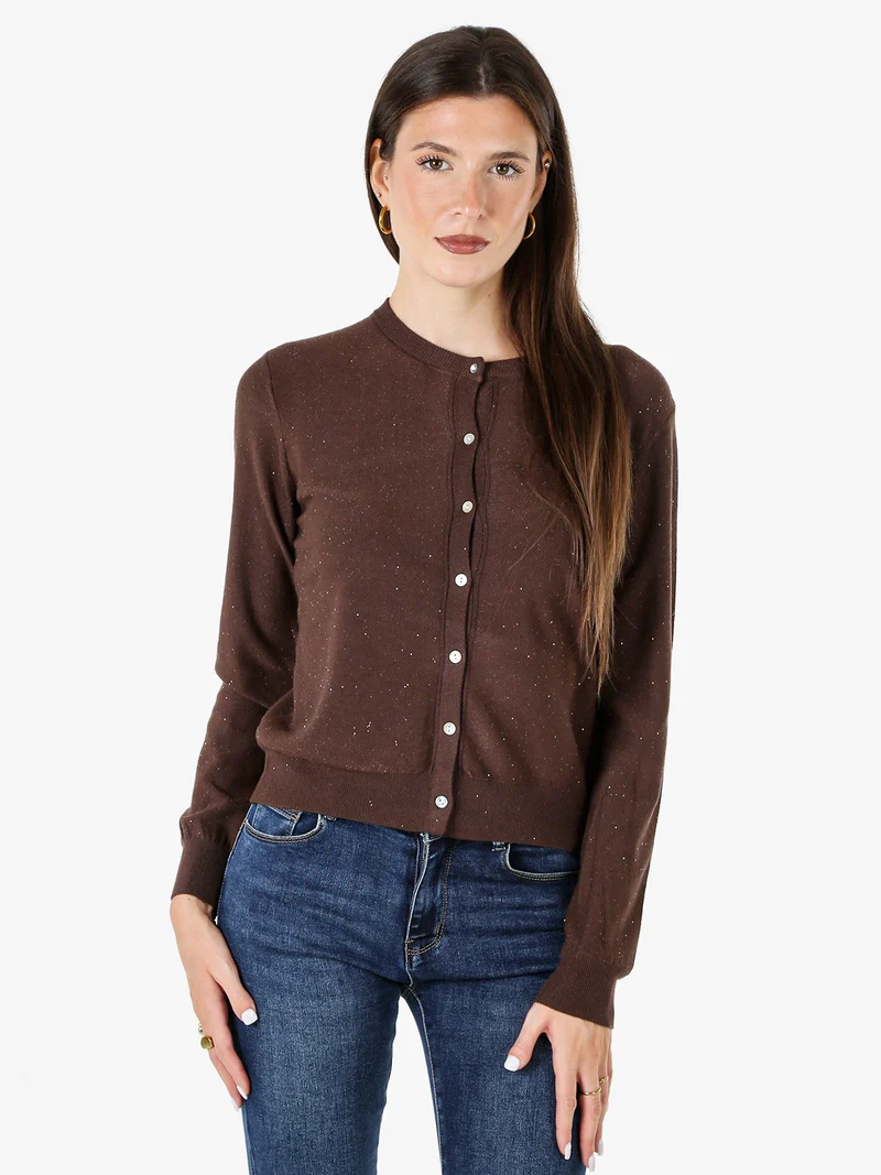 Cardigan donna in maglia con bottoni e paillettes - moro