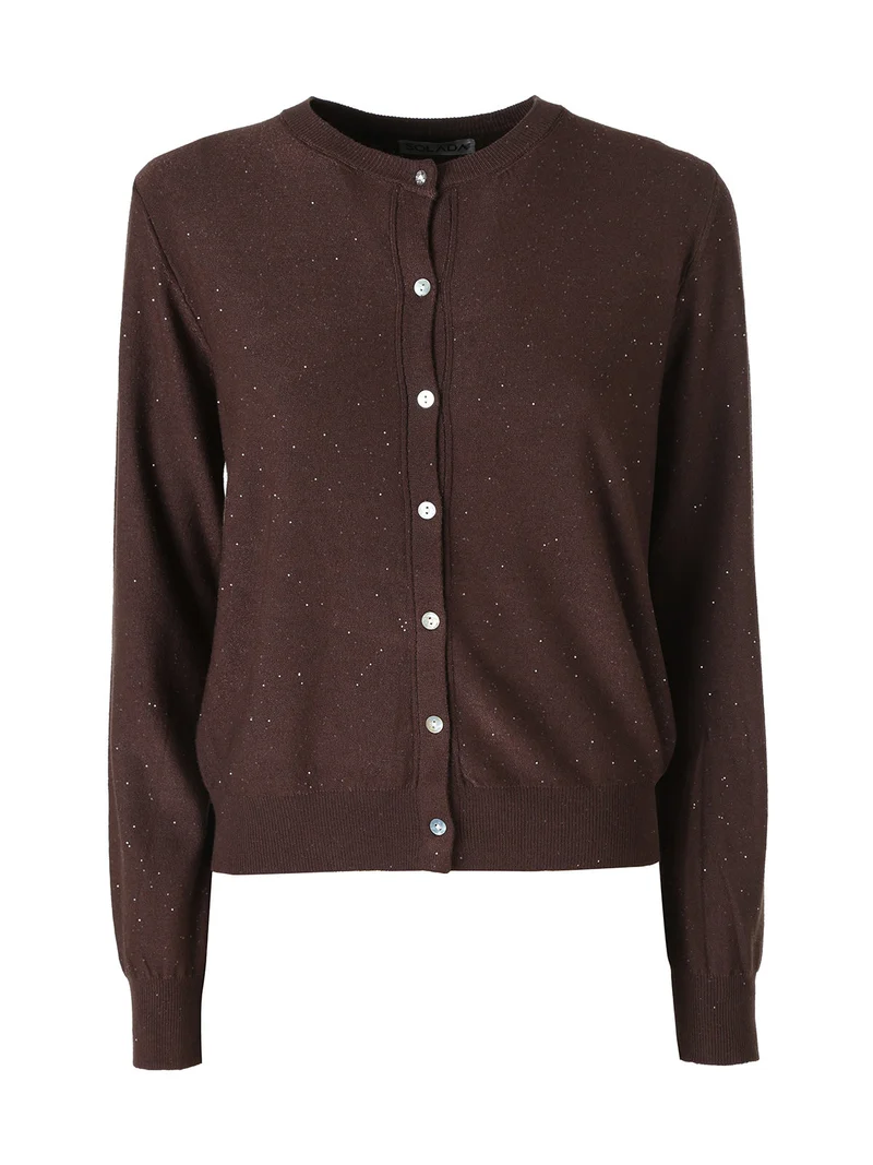 Cardigan donna in maglia con bottoni e paillettes - moro