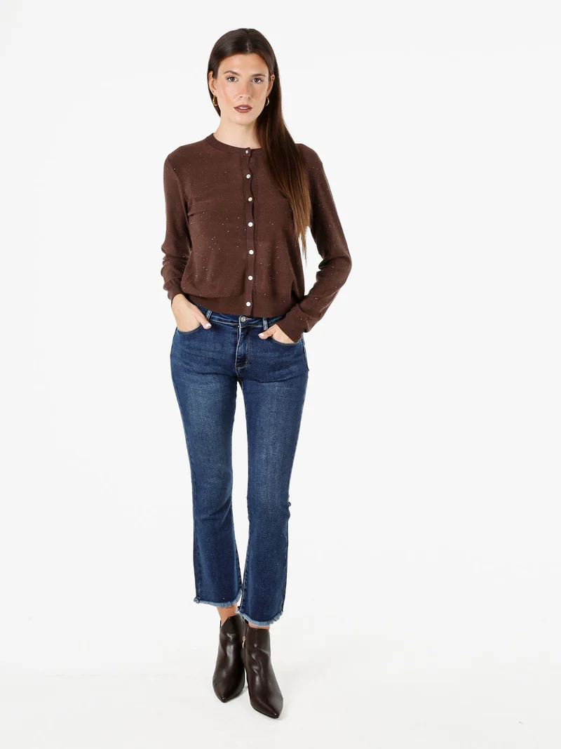 Cardigan donna in maglia con bottoni e paillettes - moro