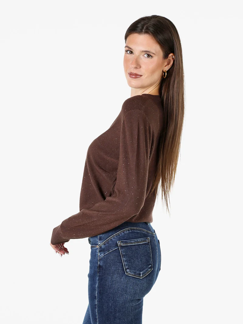 Cardigan donna in maglia con bottoni e paillettes - moro