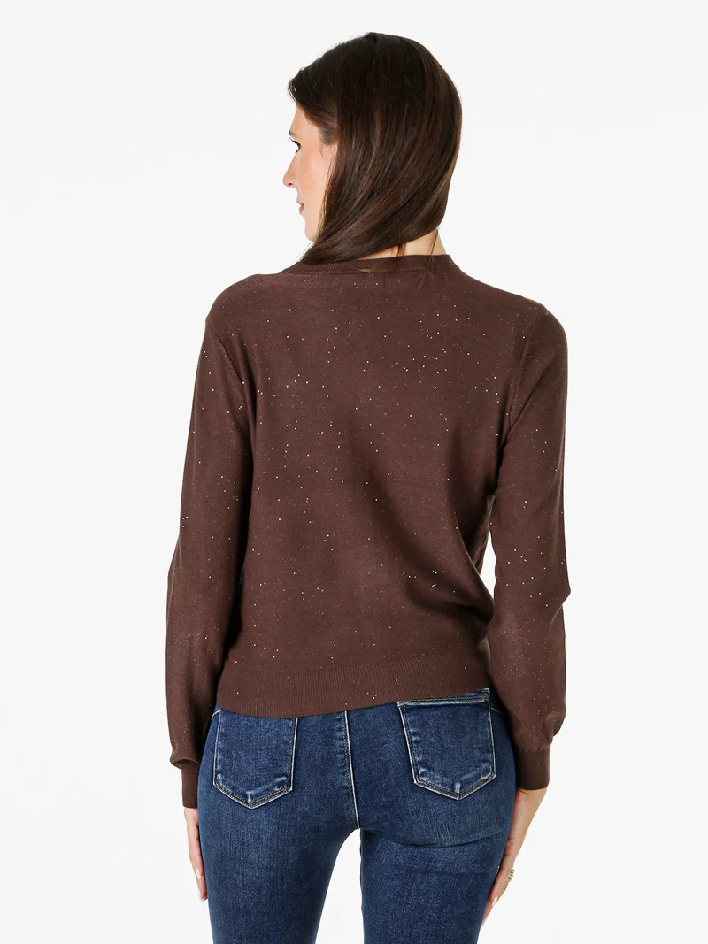 Cardigan donna in maglia con bottoni e paillettes - moro