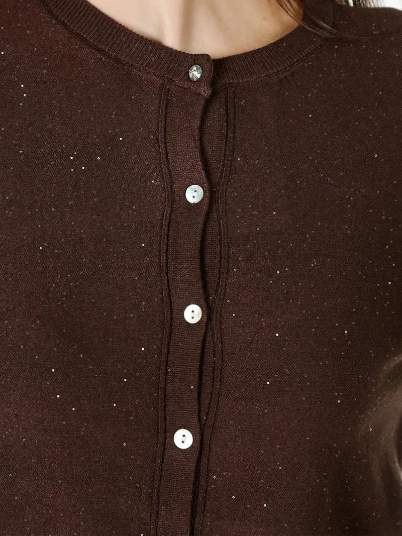 Cardigan donna in maglia con bottoni e paillettes - moro