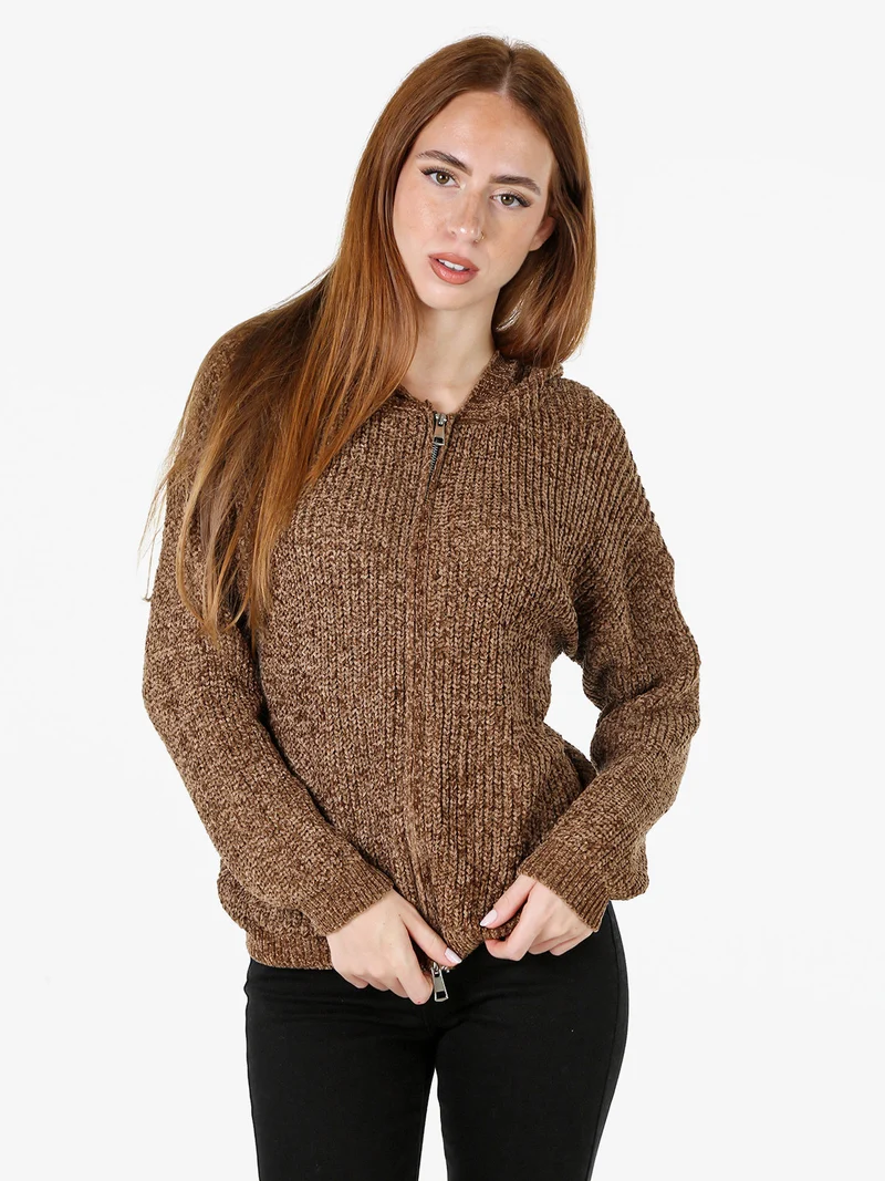 Felpa da donna in ciniglia con cappuccio e zip - marrone