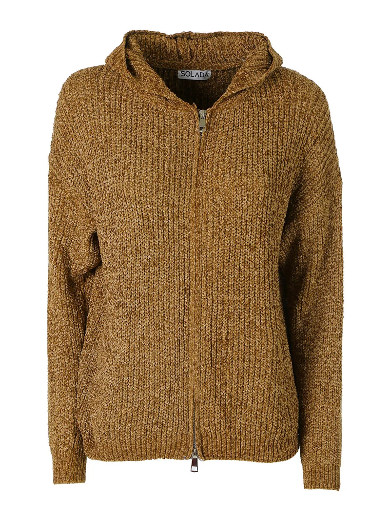 Felpa da donna in ciniglia con cappuccio e zip - marrone