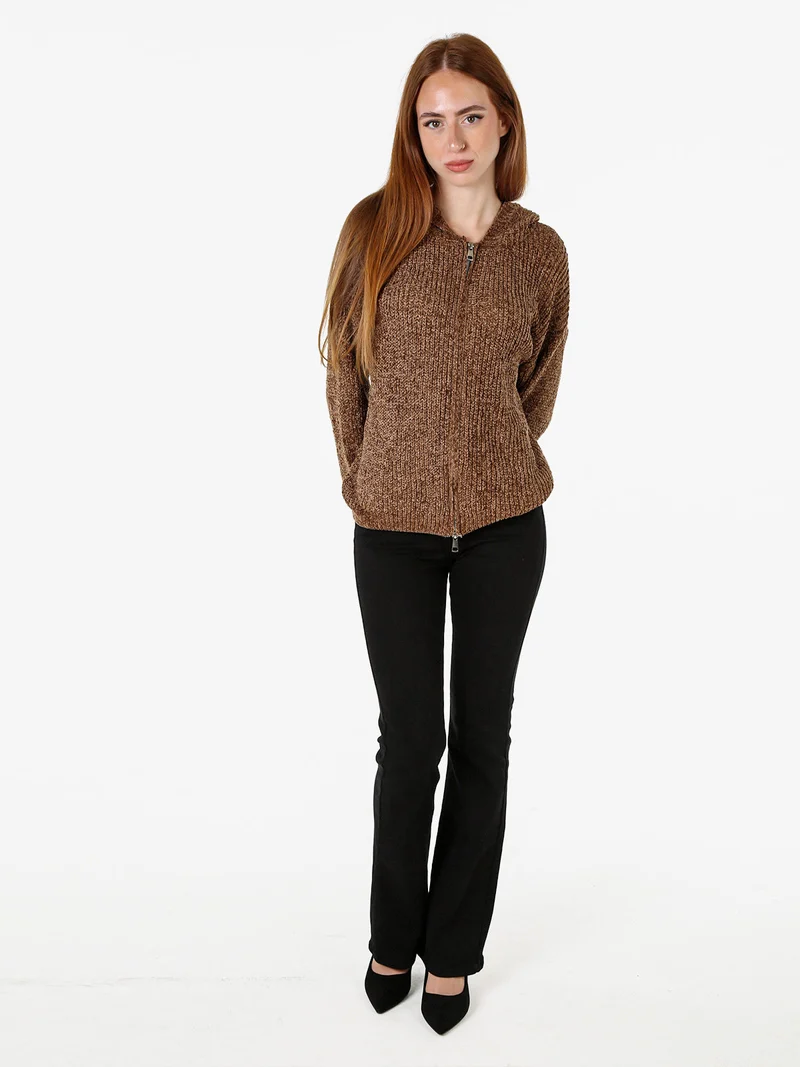 Felpa da donna in ciniglia con cappuccio e zip - marrone