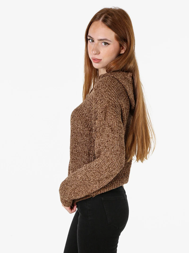 Felpa da donna in ciniglia con cappuccio e zip - marrone