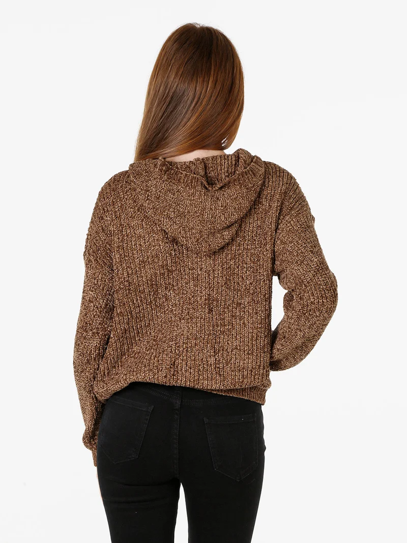 Felpa da donna in ciniglia con cappuccio e zip - marrone