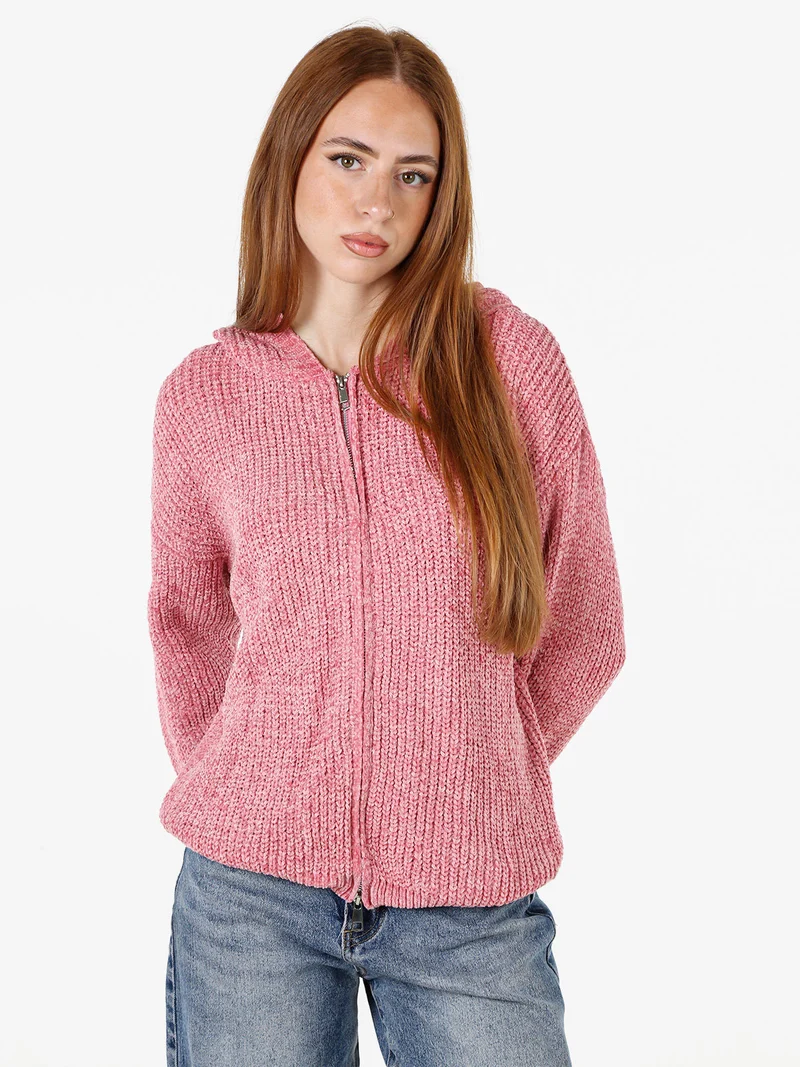 Felpa da donna in ciniglia con cappuccio e zip - rosa