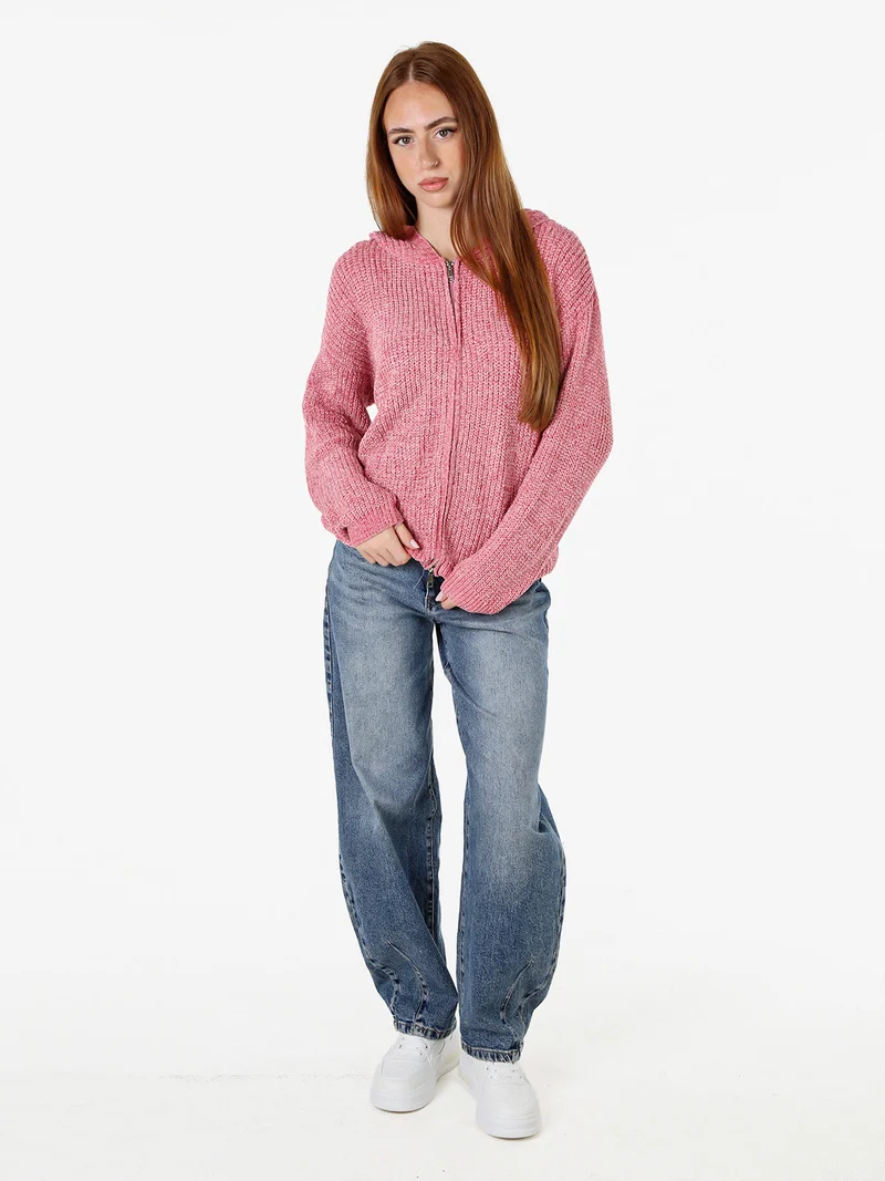 Felpa da donna in ciniglia con cappuccio e zip - rosa