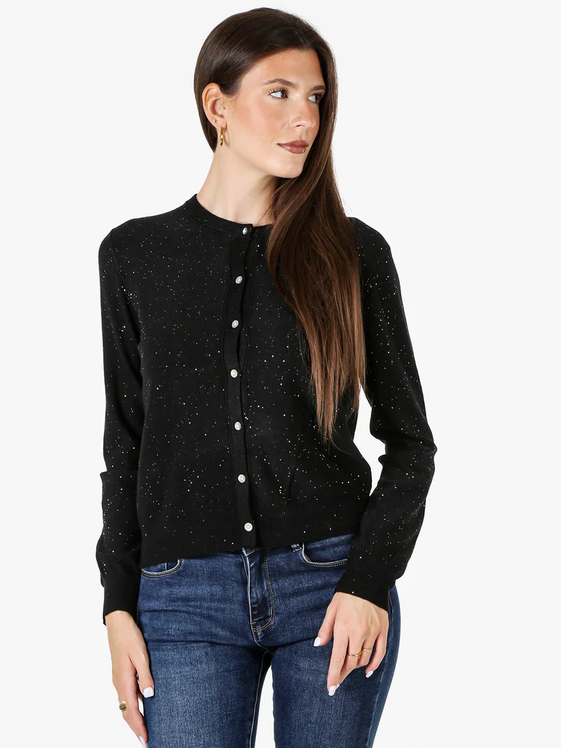 Cardigan donna in maglia con bottoni e paillettes - nero