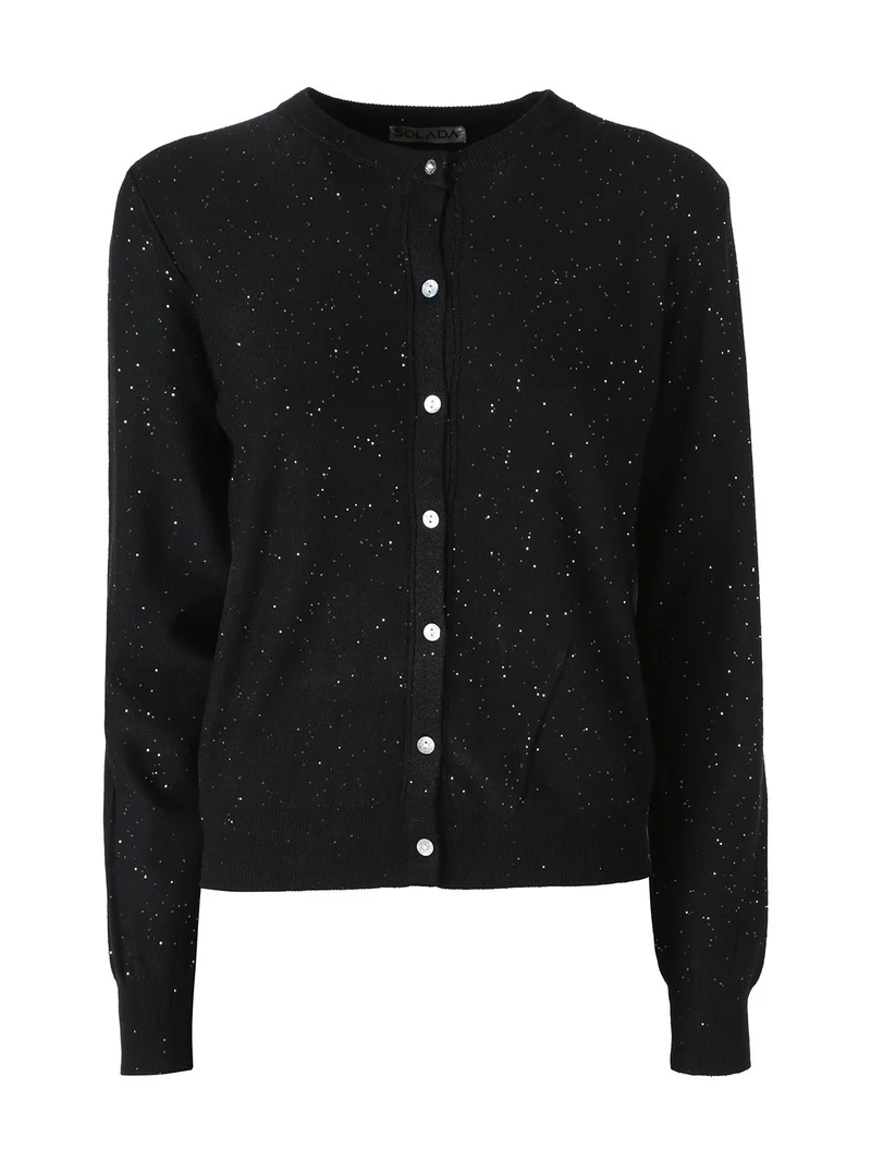 Cardigan donna in maglia con bottoni e paillettes - nero