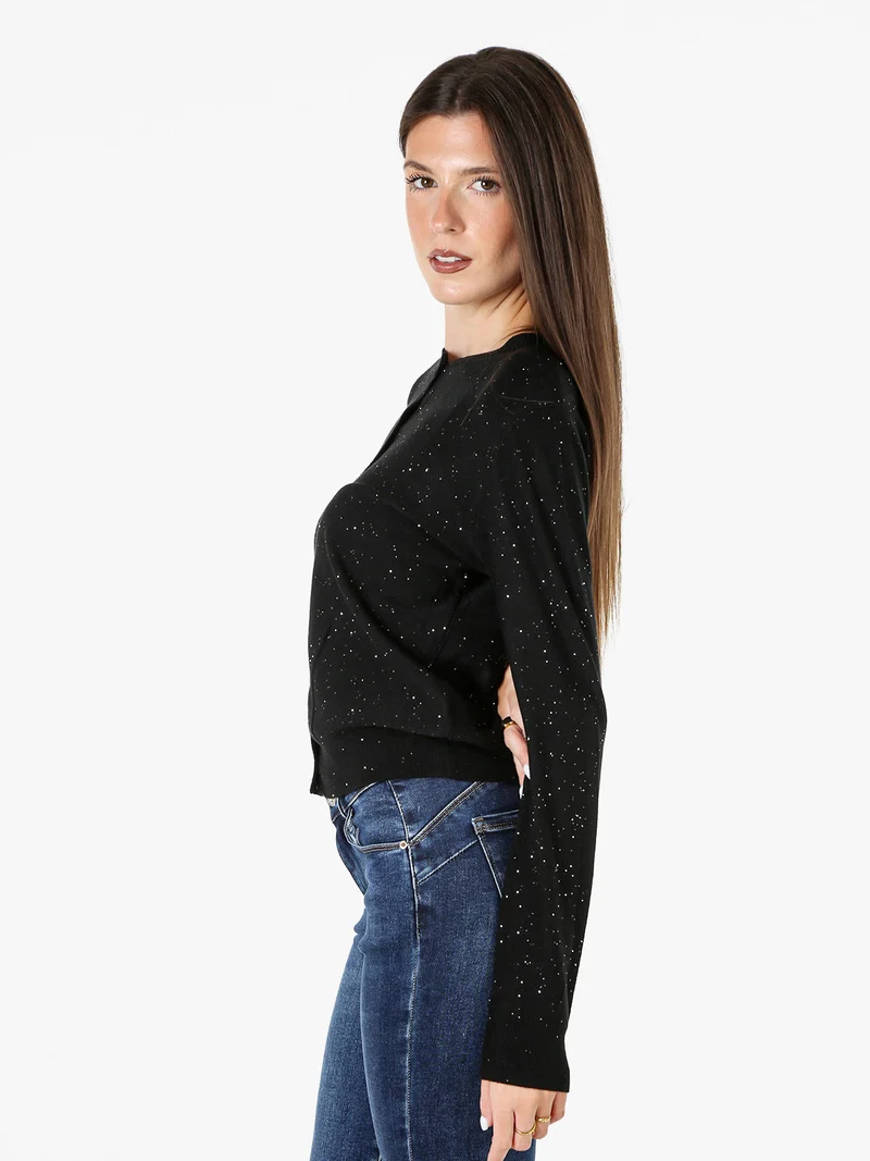 Cardigan donna in maglia con bottoni e paillettes - nero