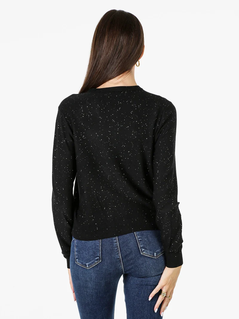 Cardigan donna in maglia con bottoni e paillettes - nero