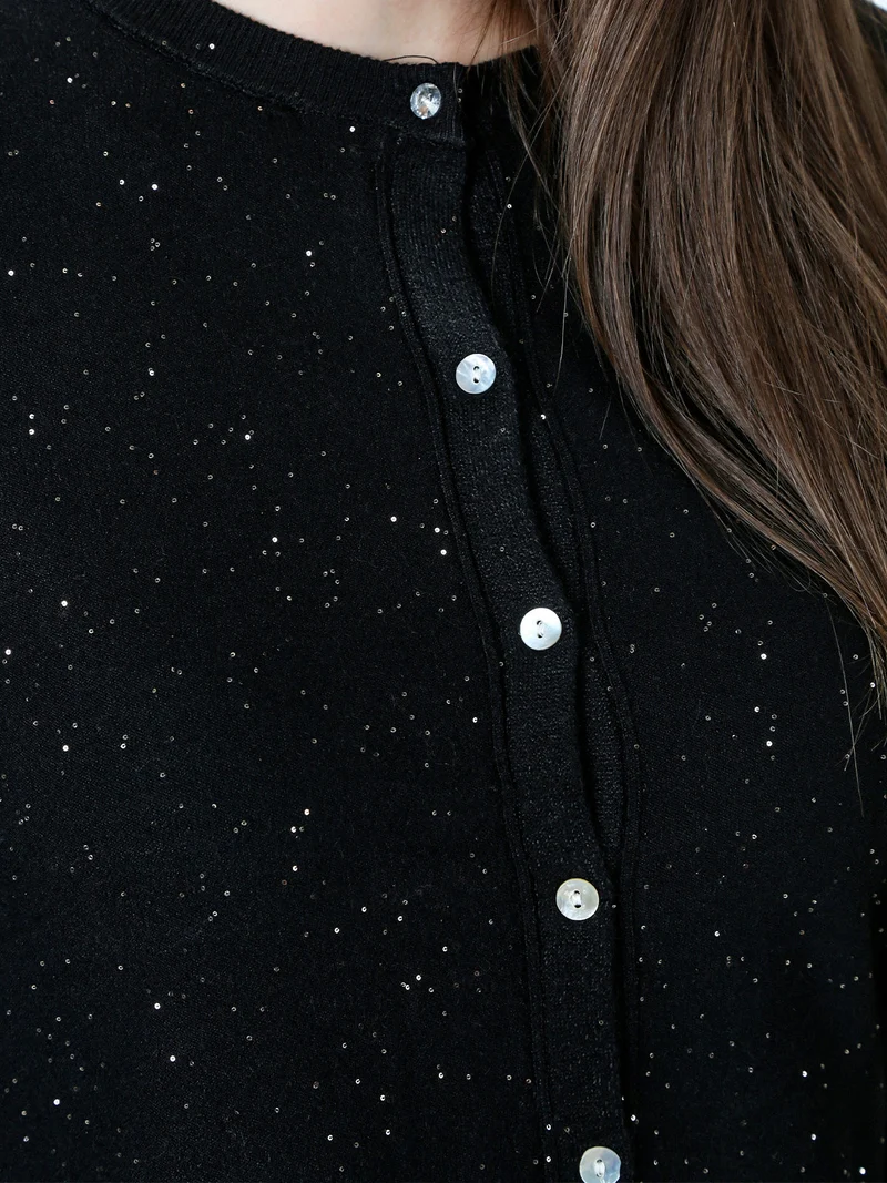 Cardigan donna in maglia con bottoni e paillettes - nero
