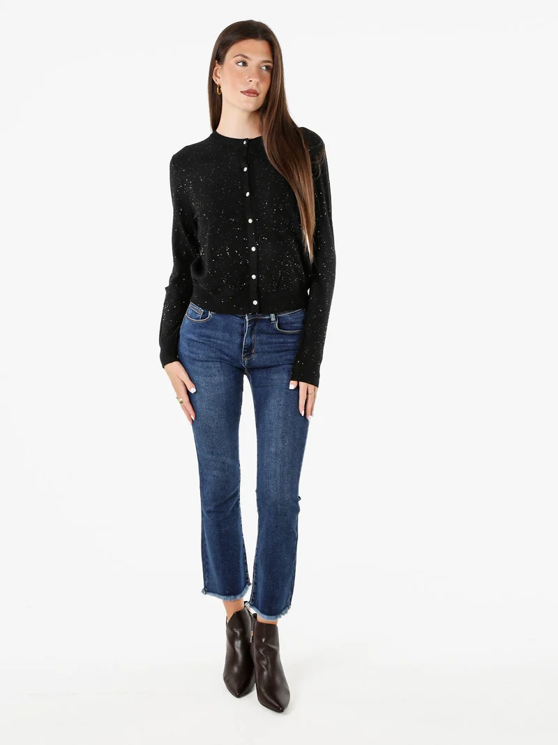 Cardigan donna in maglia con bottoni e paillettes - nero