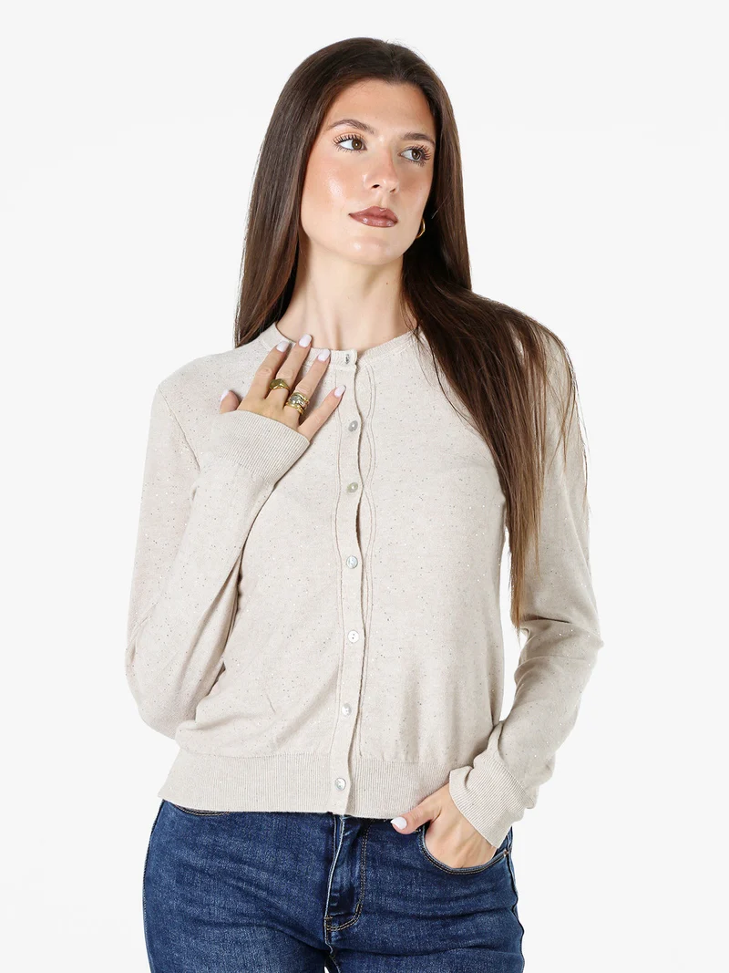 Cardigan donna in maglia con bottoni e paillettes - beige