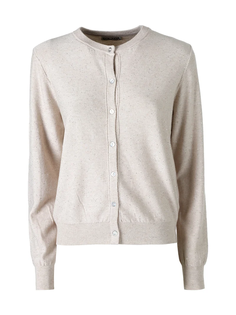 Cardigan donna in maglia con bottoni e paillettes - beige