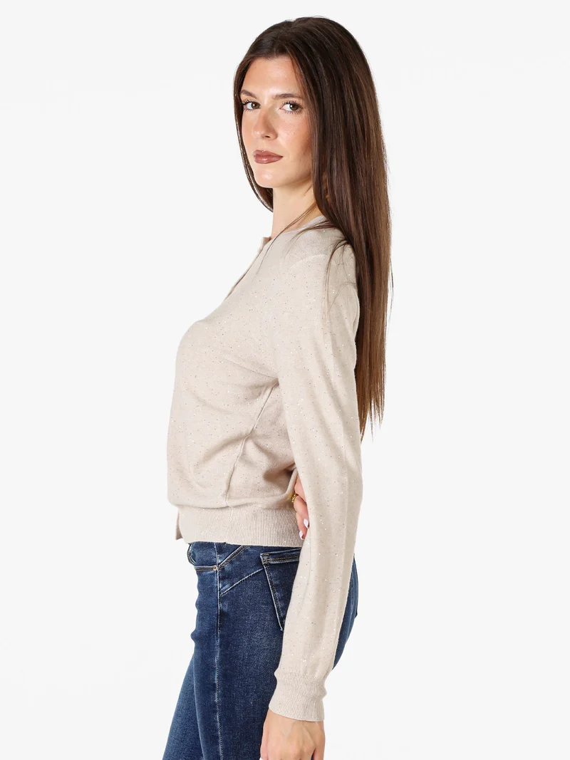 Cardigan donna in maglia con bottoni e paillettes - beige