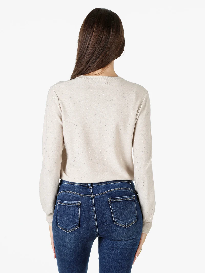 Cardigan donna in maglia con bottoni e paillettes - beige
