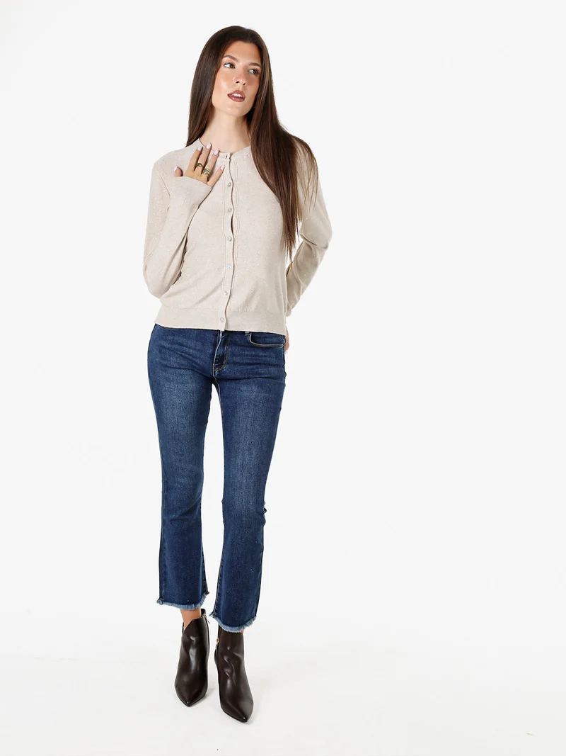 Cardigan donna in maglia con bottoni e paillettes - beige