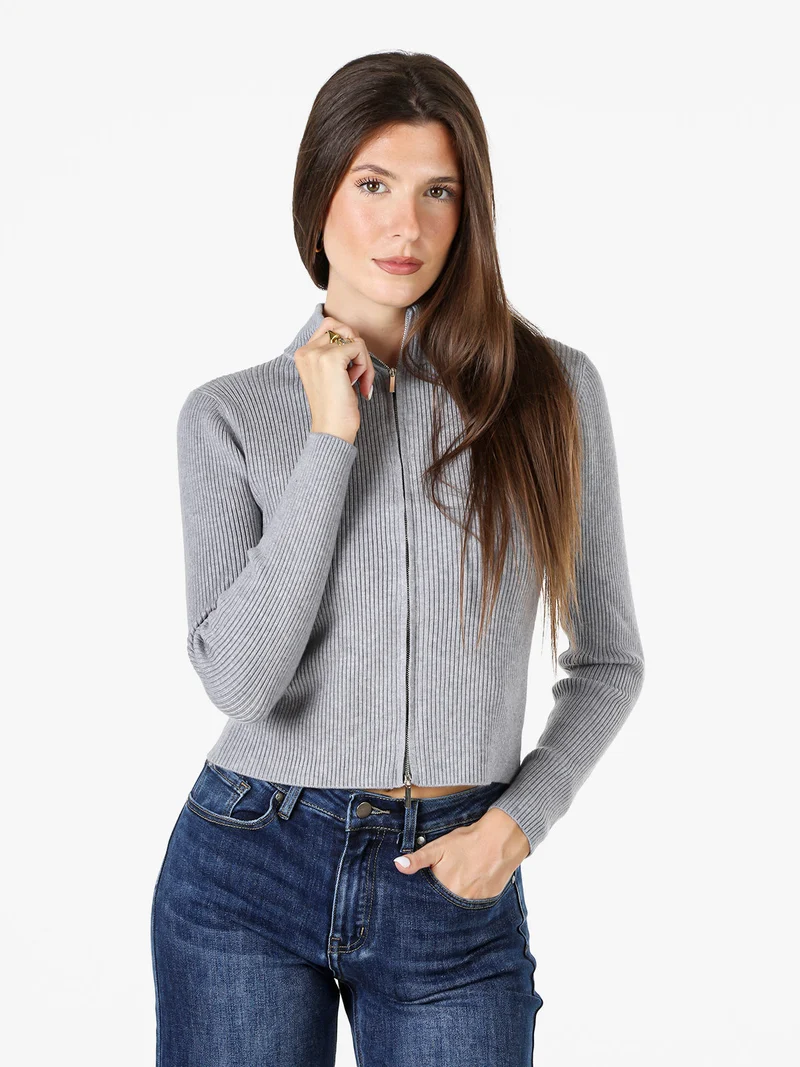 Cardigan donna in maglia a coste con zip - grigio