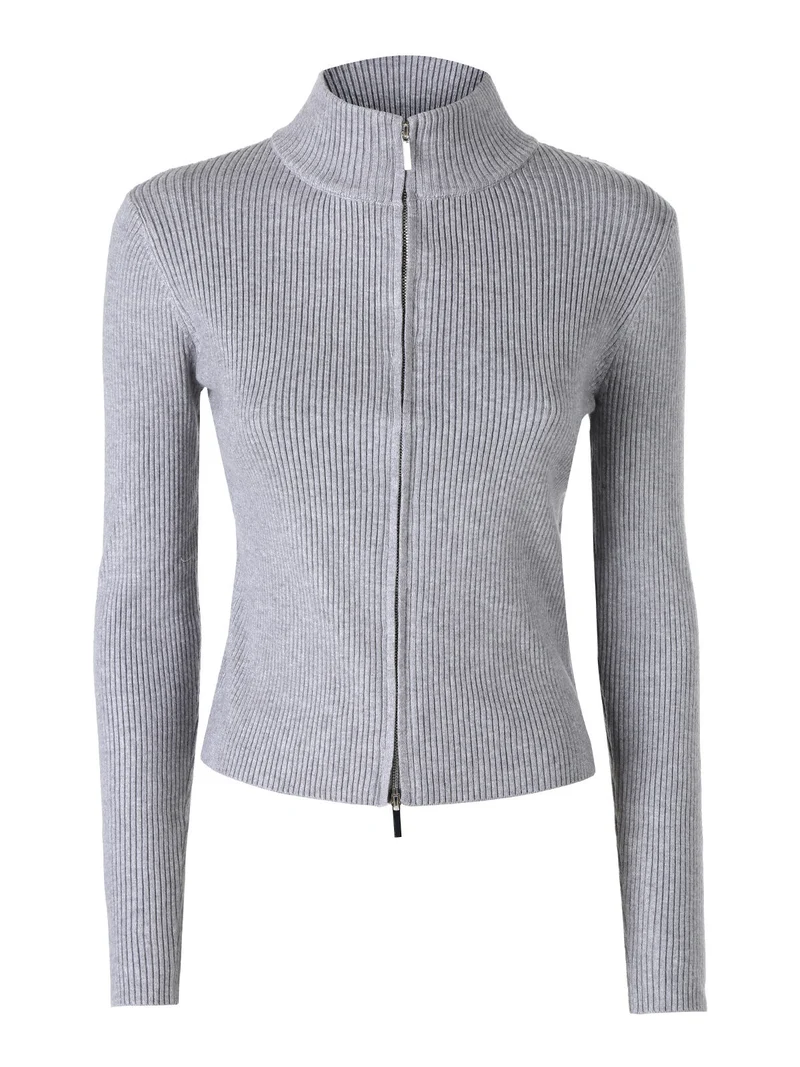 Cardigan donna in maglia a coste con zip - grigio