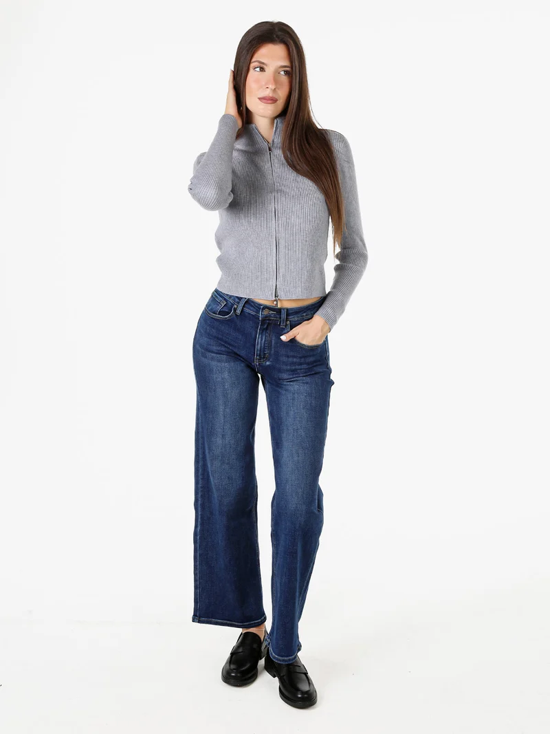 Cardigan donna in maglia a coste con zip - grigio