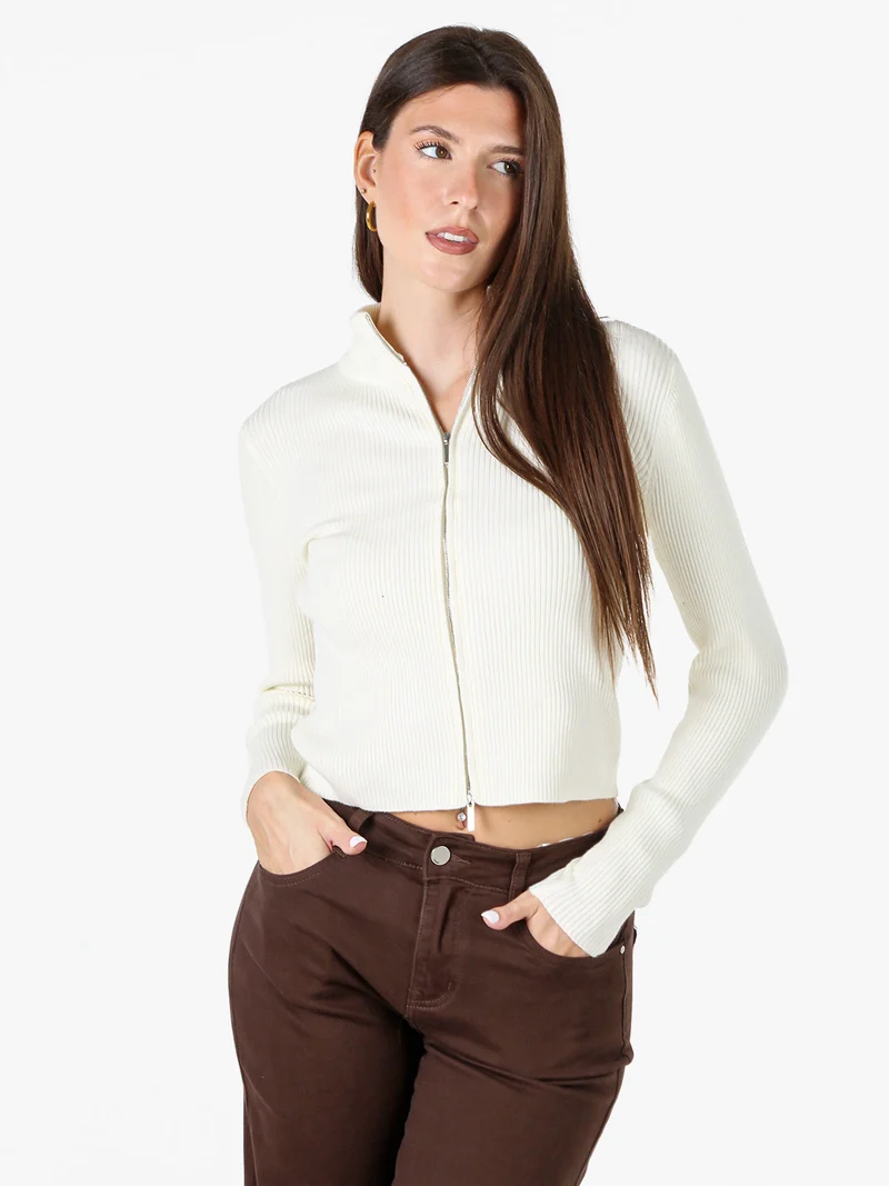 Cardigan donna in maglia a coste con zip - panna