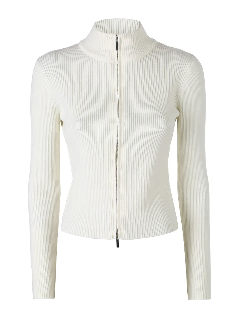 Cardigan donna in maglia a coste con zip - panna