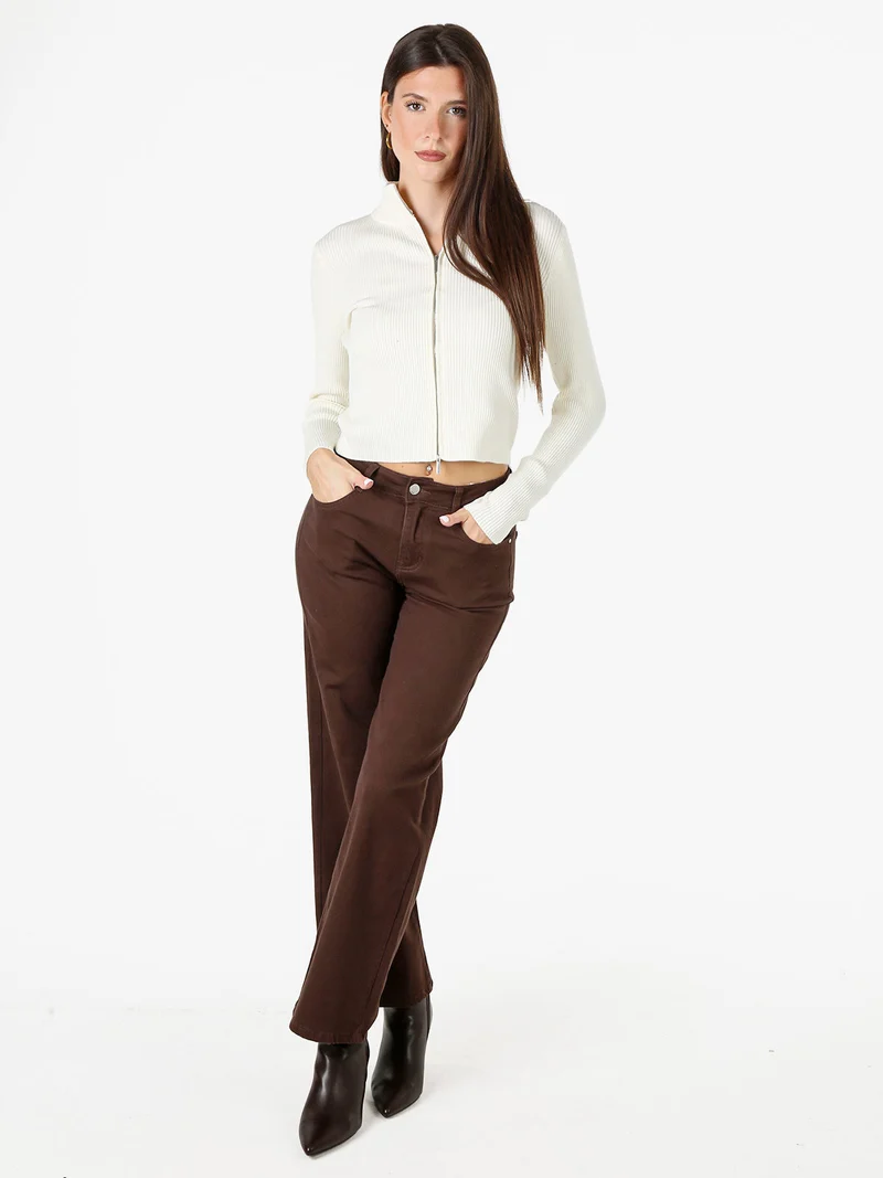 Cardigan donna in maglia a coste con zip - panna