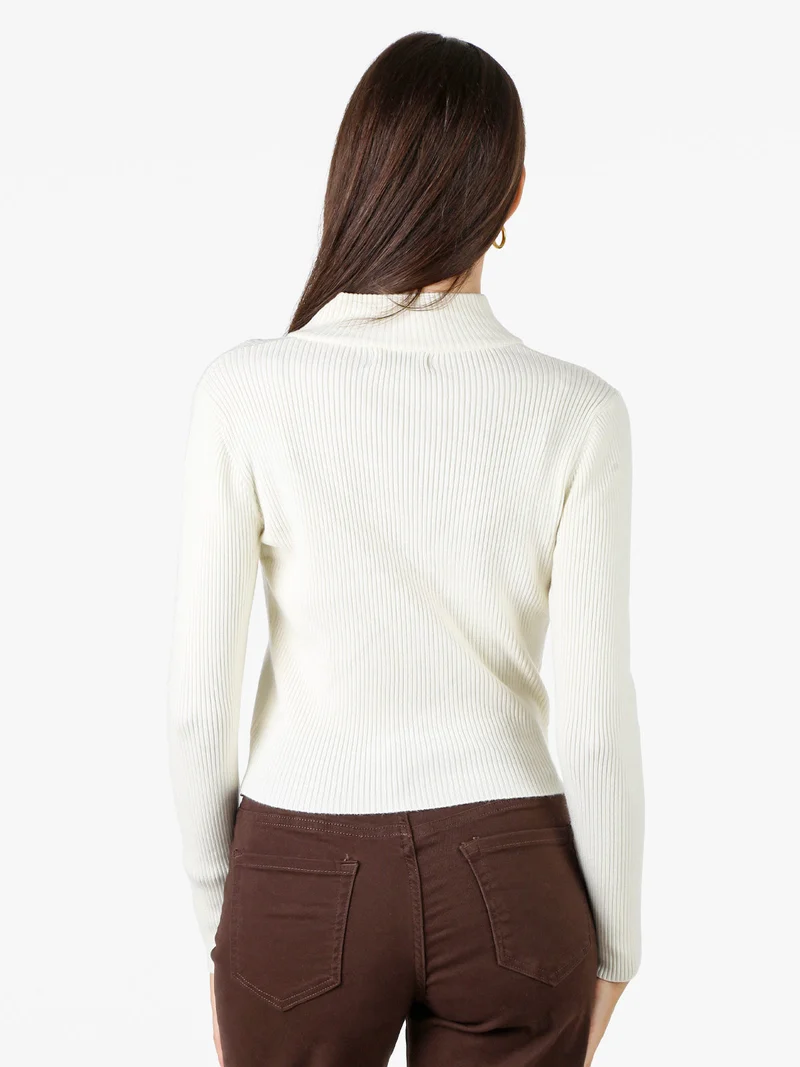 Cardigan donna in maglia a coste con zip - panna