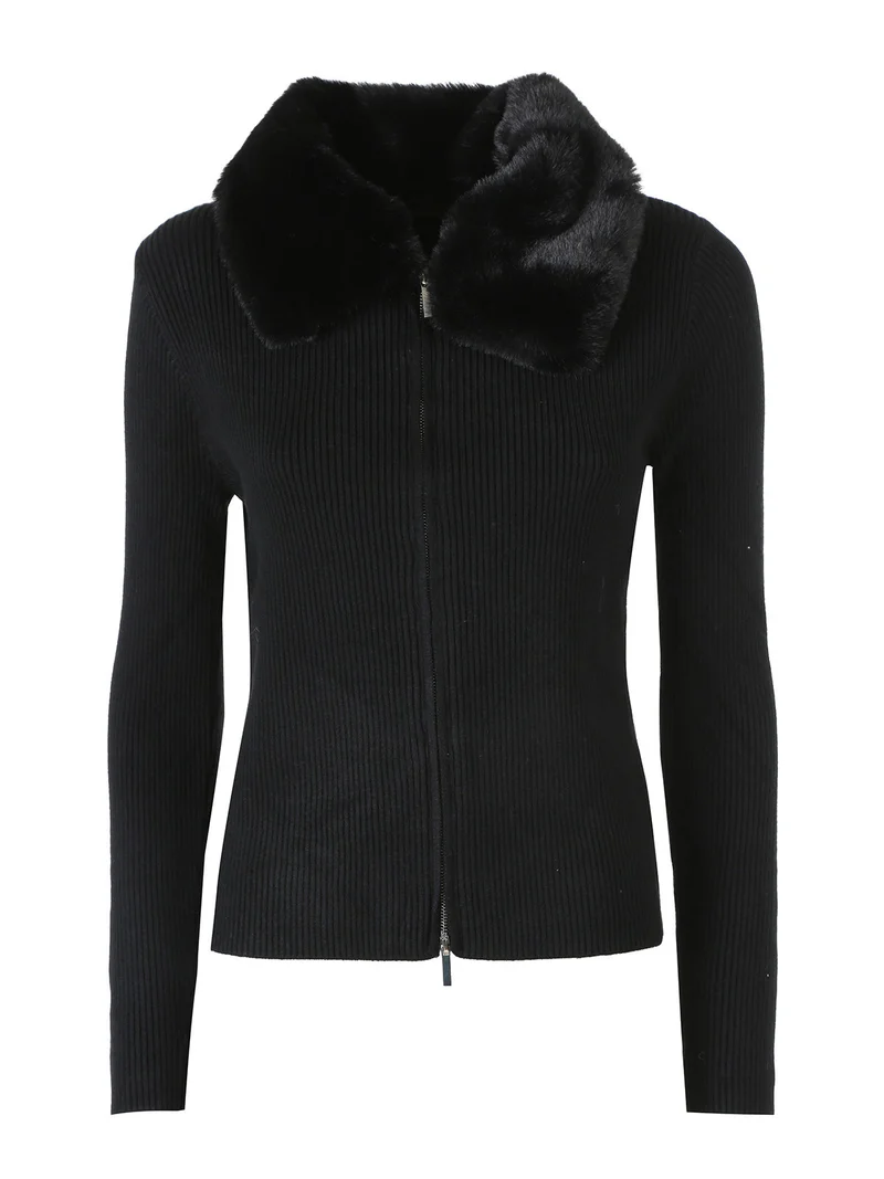 Cardigan da donna in maglia con colletto in ecopelliccia e zip - nero