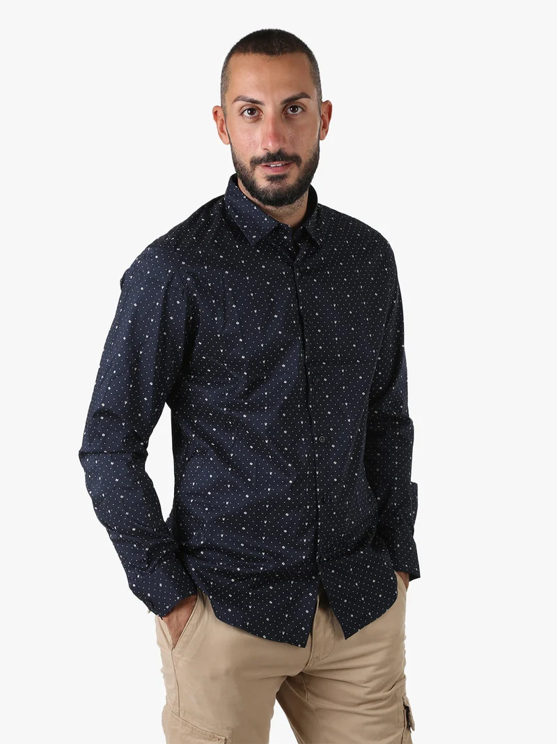 Camicia da uomo a maniche lunghe misto cotone con stampe - blu scuro