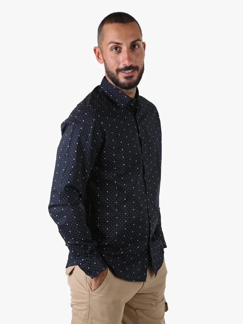 Camicia da uomo a maniche lunghe misto cotone con stampe - blu scuro