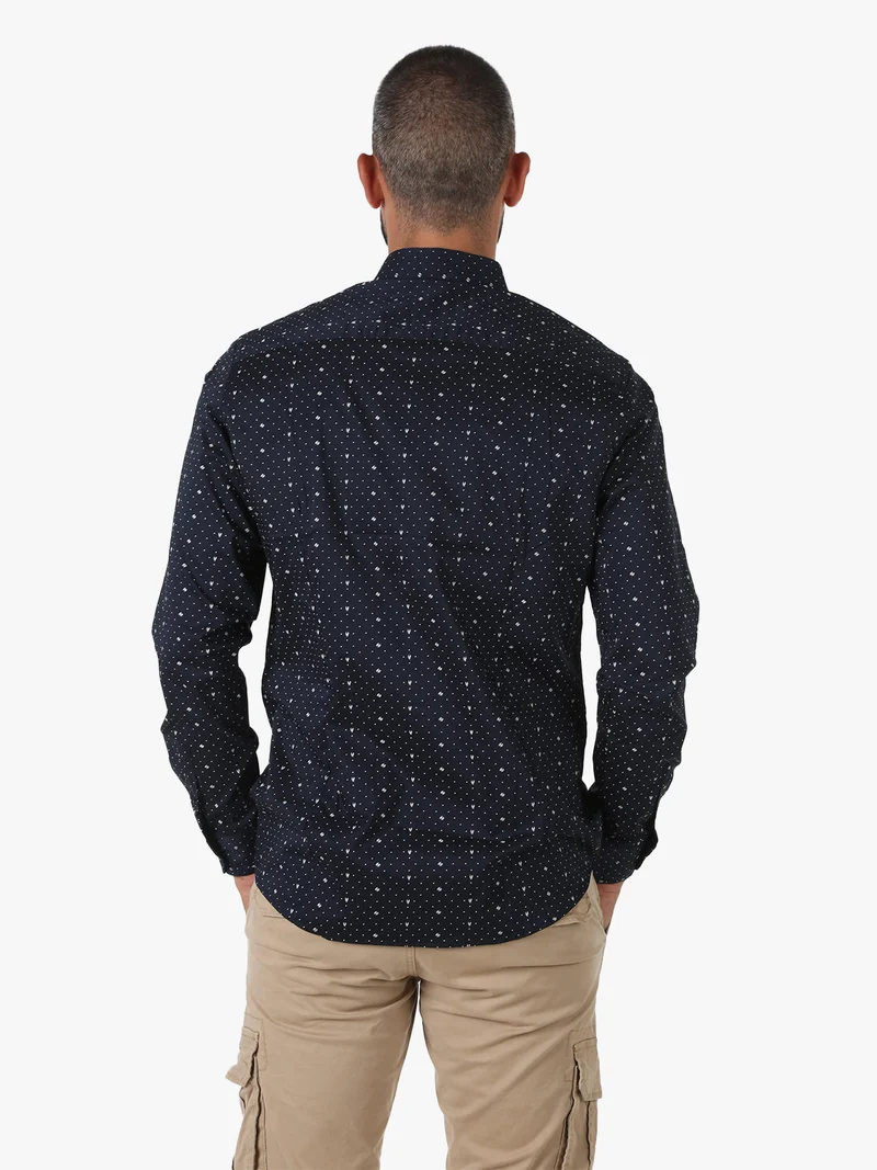 Camicia da uomo a maniche lunghe misto cotone con stampe - blu scuro