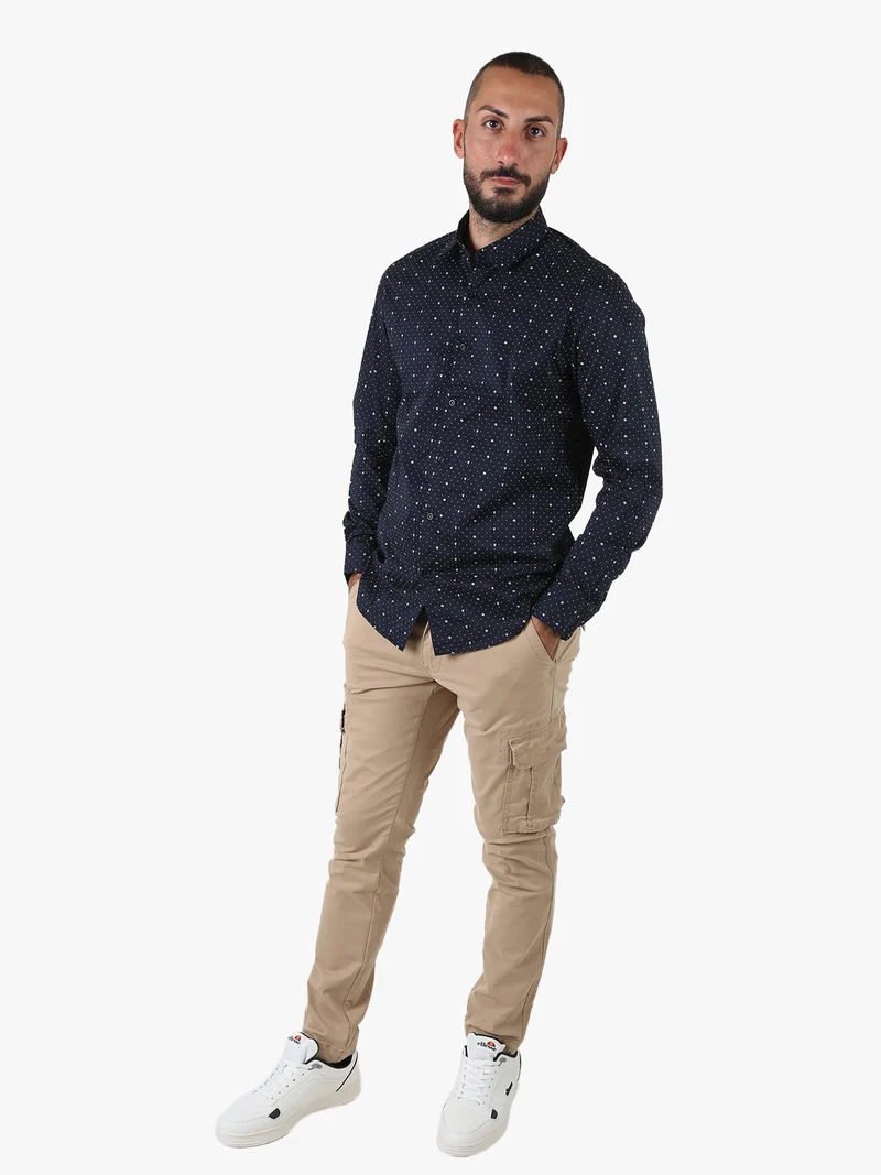 Camicia da uomo a maniche lunghe misto cotone con stampe - blu scuro