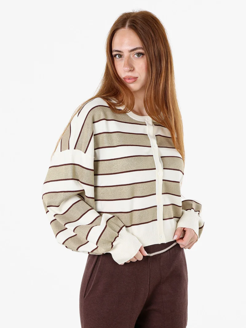 Cardigan da donna a righe con bottoni e lurex - beige