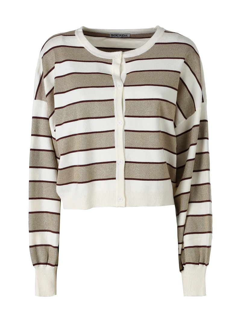 Cardigan da donna a righe con bottoni e lurex - beige