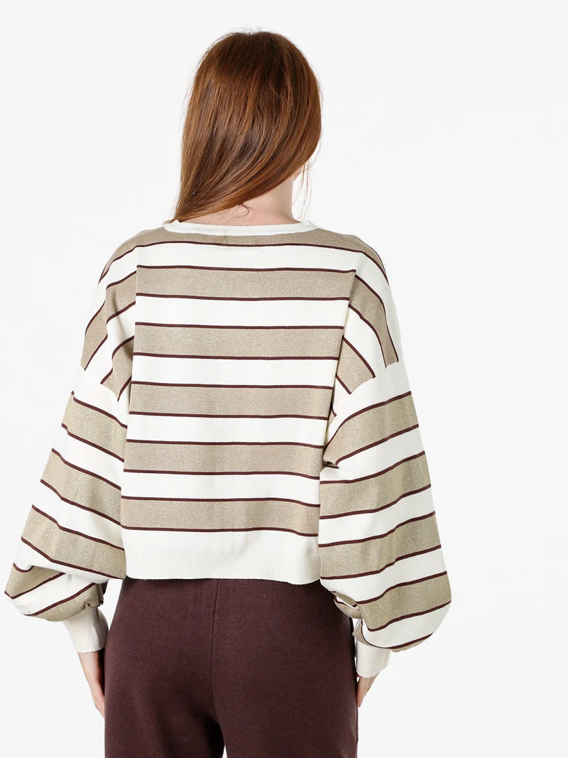 Cardigan da donna a righe con bottoni e lurex - beige