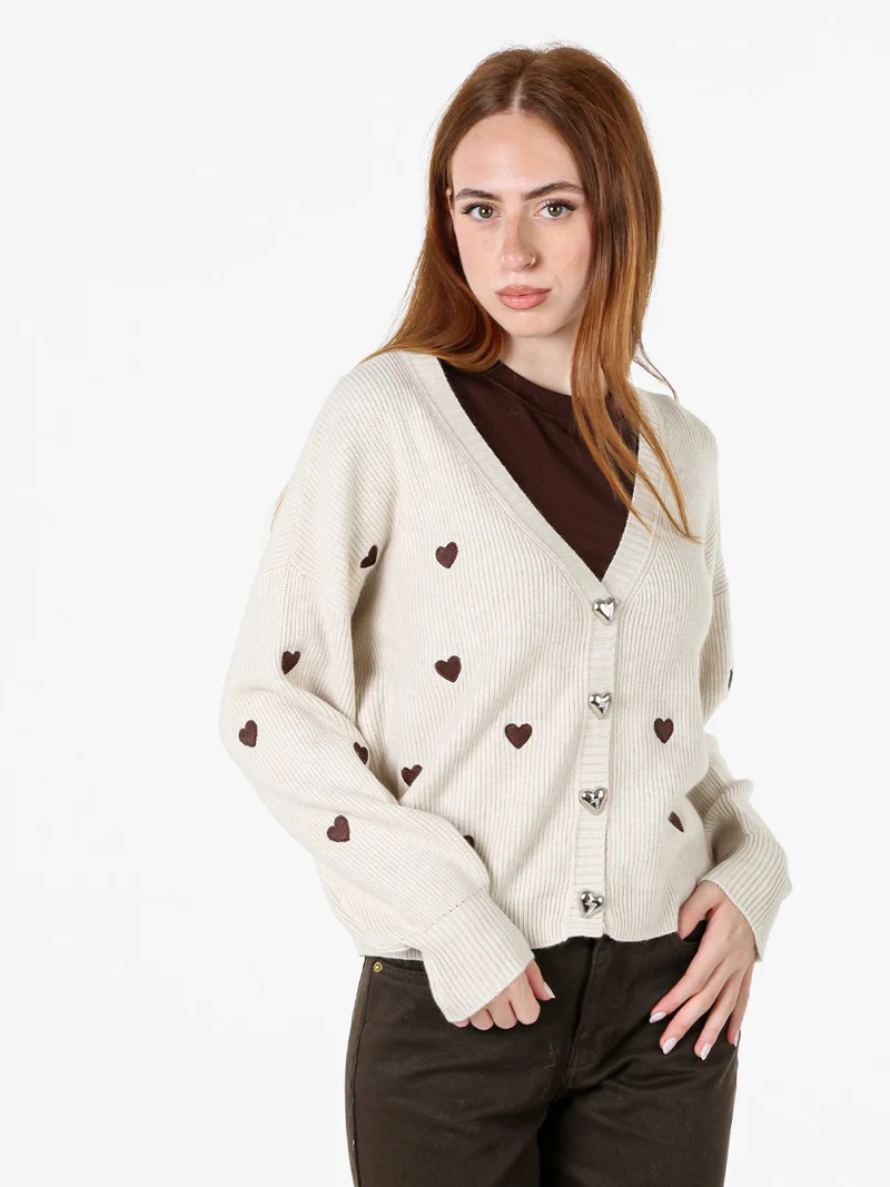 Cardigan da donna in maglia con bottoni a cuore - beige