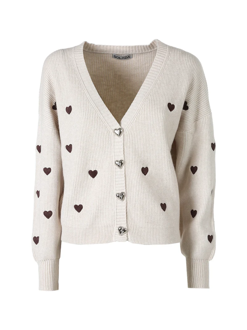 Cardigan da donna in maglia con bottoni a cuore - beige